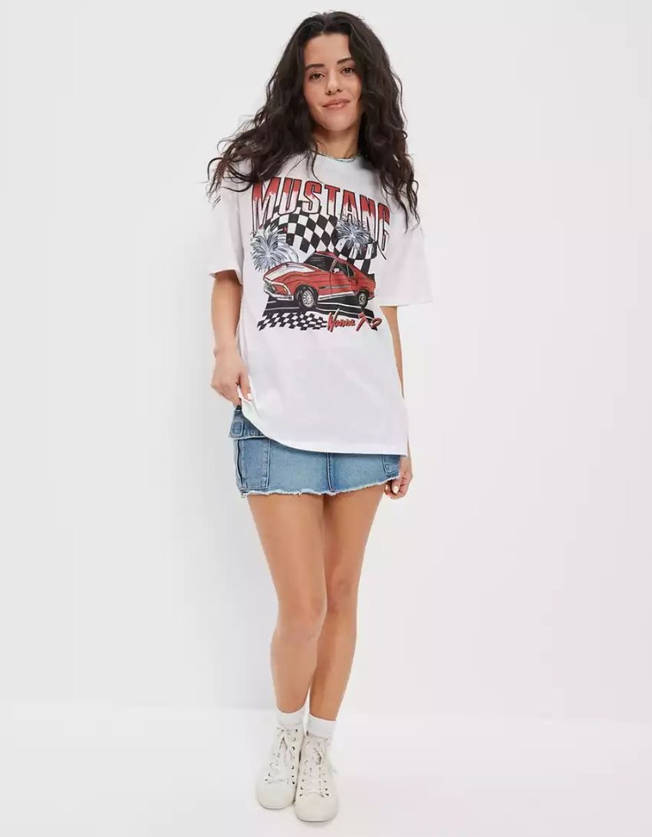 T Shirts American Eagle AE Oversized Mustang Graphique Tee Blanche Femme | WKN-93988150